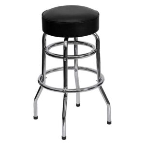 Bar stool rental with chrome legs and black seat cushion