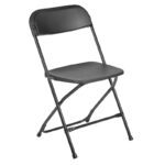 Standard black folding chair with metal frame and plastic seat and back rest