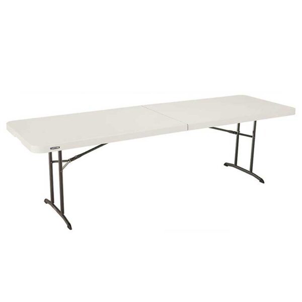 Folding table with white top and sturdy steel legs